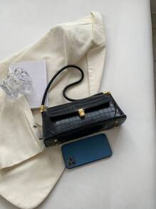 中等的翻蓋法棍包鱷魚壓紋優雅 - 黑色 - 查看 5