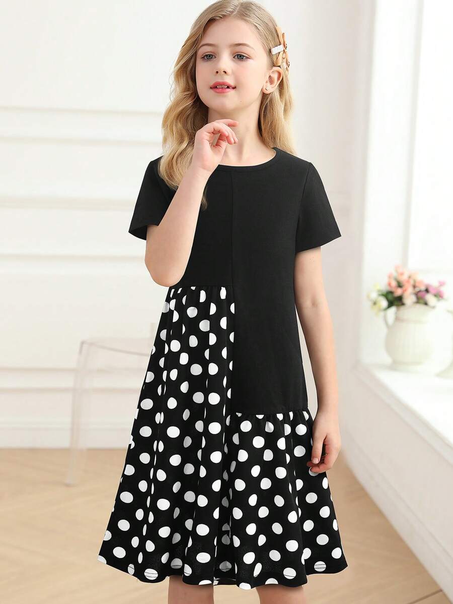 Cô gái Tween In vết tròn Polka Xù Hoa Sen Đầm - màu đen - Xem 1