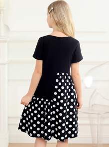 Cô gái Tween In vết tròn Polka Xù Hoa Sen Đầm - màu đen - Xem 2
