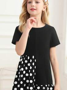 Cô gái Tween In vết tròn Polka Xù Hoa Sen Đầm - màu đen - Xem 4