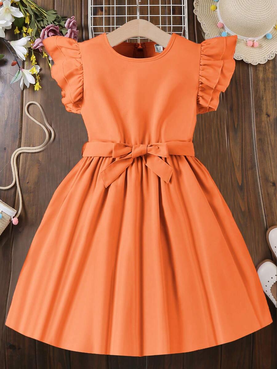 Girls Ruffle Trim A Line Dress - Burnt Orange - View 1