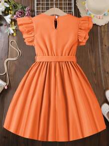 Girls Ruffle Trim A Line Dress - Burnt Orange - View 2