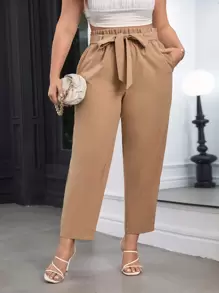 SHEIN Privé 大碼紙袋腰腰帶長褲 - 卡其色 - 查看 1