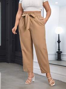 SHEIN Privé 大碼紙袋腰腰帶長褲 - 卡其色 - 查看 3