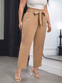 SHEIN Privé 大碼紙袋腰腰帶長褲 - 卡其色 - 查看 5