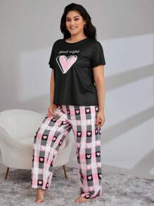 Plus Heart & Letter Graphic Tee & Plaid Print Trousers PJ Set - Multicolor - View 5