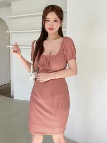 DAZY Solid Ruched Bust Puff Sleeve Bodycon Dress - Redwood - View 4