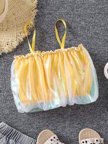 Toddler Girls Frill Trim Contrast Mesh Cami Top - Yellow - View 2