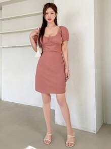 DAZY Solid Ruched Bust Puff Sleeve Bodycon Dress - Redwood - View 6