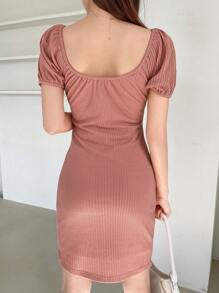 DAZY Solid Ruched Bust Puff Sleeve Bodycon Dress - Redwood - View 7