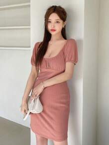 DAZY Solid Ruched Bust Puff Sleeve Bodycon Dress - Redwood - View 8