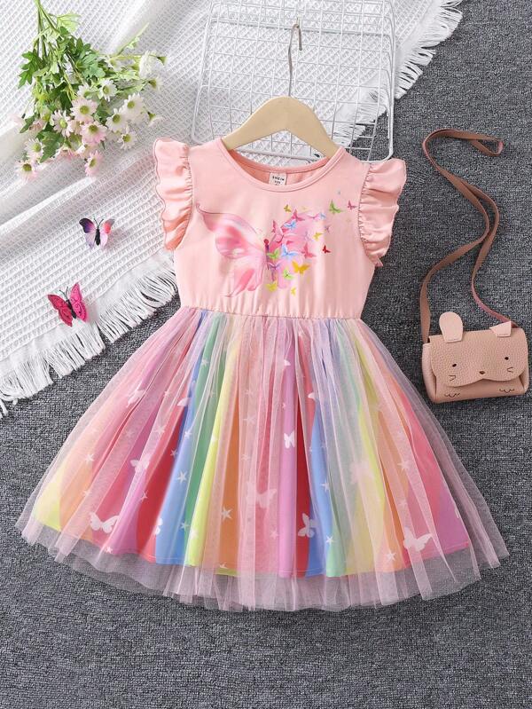SHEIN Glamorique Kids Rochie de suprapunere din plasă cu volane cu imprimeu fluture pentru fetiță