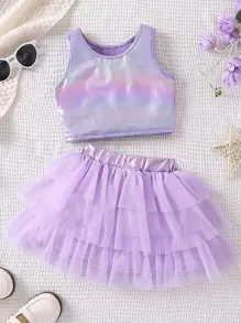 SHEIN 年輕女孩全息坦克上衣和網眼層疊裙 - 紫色 - 查看 6