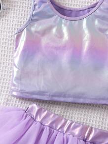 SHEIN 年輕女孩全息坦克上衣和網眼層疊裙 - 紫色 - 查看 5