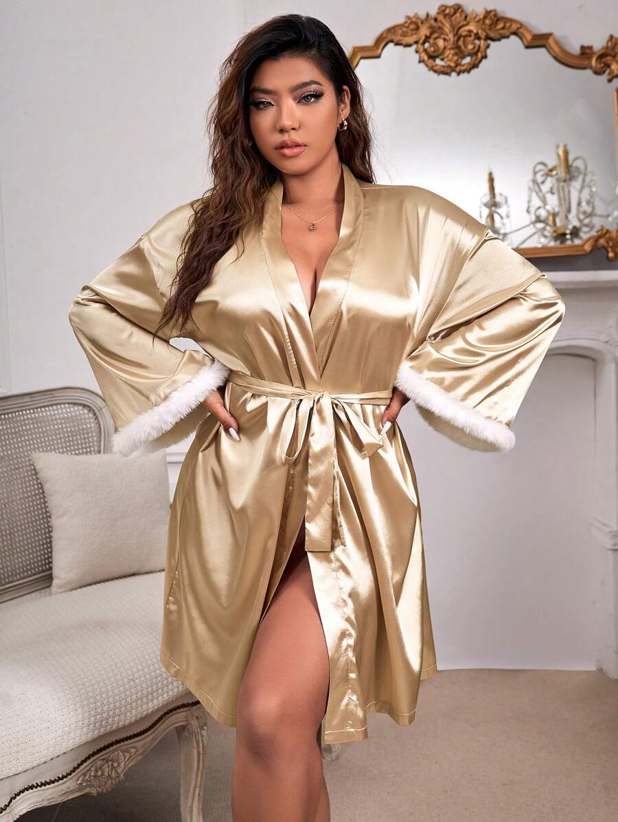 SHEIN Plus Fuzzy Cuff Belted Satin Robe - Champagne - View 1