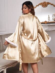 SHEIN Plus Fuzzy Cuff Belted Satin Robe - Champagne - View 2