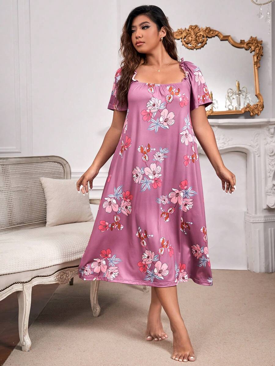Plus Floral Print Square Neck Puff Sleeve Nightdress - Dusty Pink - View 1