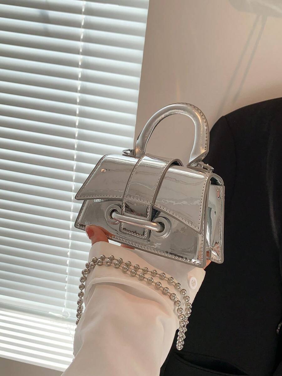 Chic Mini Beaded Chain Crossbody Bag, Women's Small Square Handbag - Silver - View 1