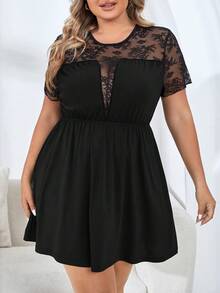 Plus Contrast Lace Nightdress - Black - View 3
