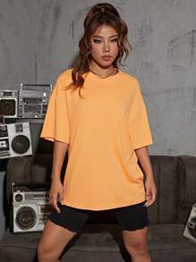 SHEIN EZwear Solid Drop Shoulder Tee - Orange - View 4