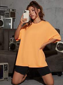 SHEIN EZwear Solid Drop Shoulder Tee - Orange - View 5