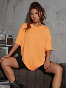 SHEIN EZwear Solid Drop Shoulder Tee - Orange - View 6