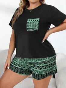 Plus Plants Print Patched Pocket PJ Set / Pajama Set - Multicolor - View 1