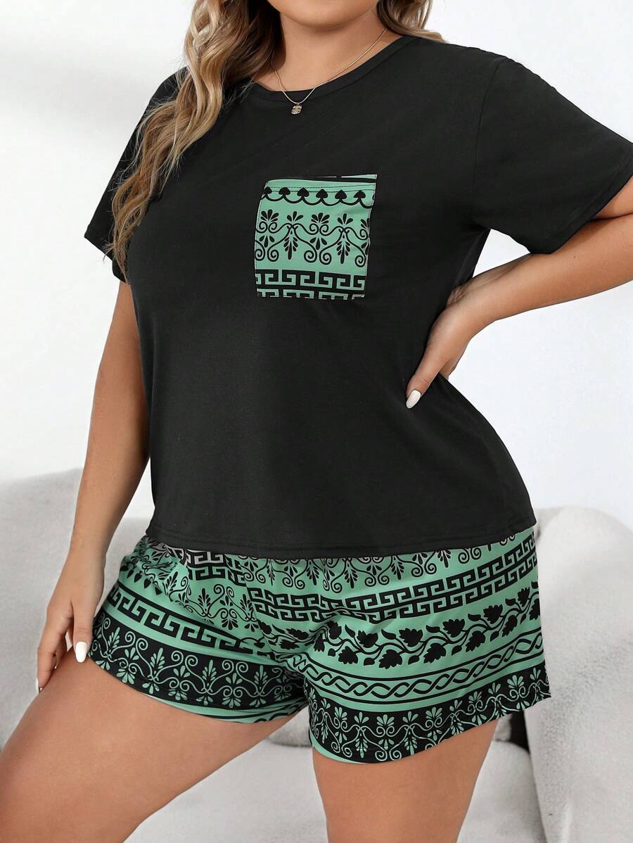 Plus Plants Print Patched Pocket PJ Set / Pajama Set - Multicolor - View 1