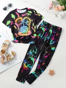 SHEIN Ensemble t-shirt à col rond et short pour jeune fille préado, simple et décontracté, avec portrait imprimé, idéal pour l'été, les vacances et les voyages