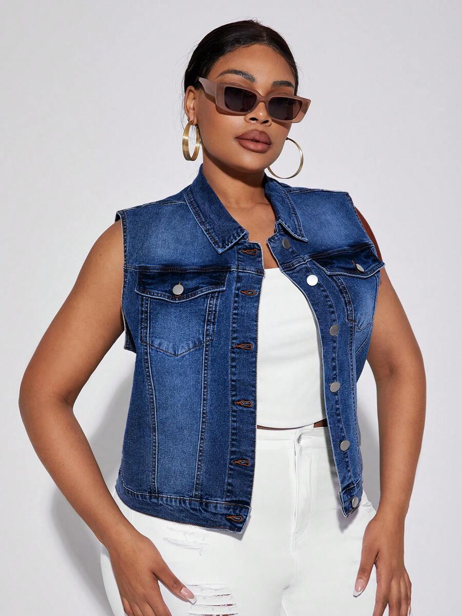 SHEIN SXY 大碼翻蓋口袋馬甲牛仔夾克 - 深色水洗藍 - 查看 1