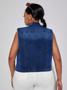 SHEIN SXY 大碼翻蓋口袋馬甲牛仔夾克 - 深色水洗藍 - 查看 2