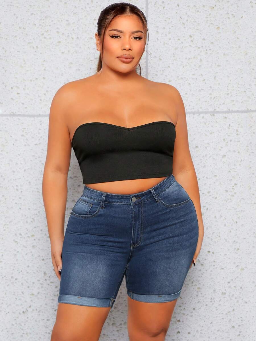 SHEIN SXY Plus High Waist Roll Up Hem Denim Shorts - Dark Wash - View 1