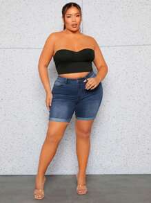 SHEIN SXY Plus High Waist Roll Up Hem Denim Shorts - Dark Wash - View 3