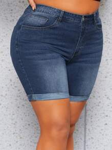 SHEIN SXY Plus High Waist Roll Up Hem Denim Shorts - Dark Wash - View 4