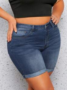 SHEIN SXY Plus High Waist Roll Up Hem Denim Shorts - Dark Wash - View 5