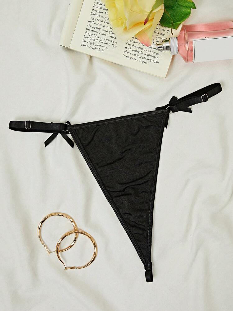 Letter Graphic Bow Decor Thong Lingerie - Black - View 6
