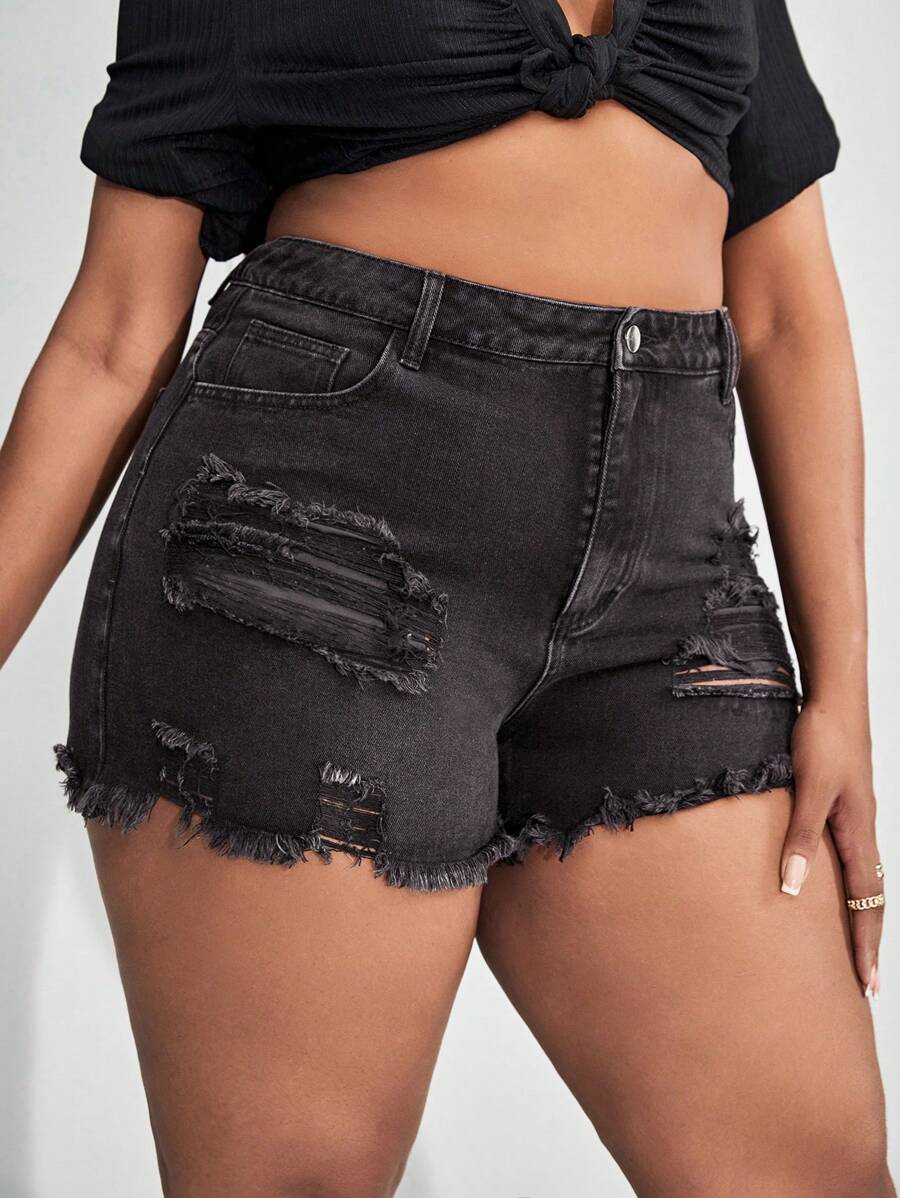 SHEIN SXY Plus Ripped Raw Hem Denim Shorts - Dark Grey - View 1