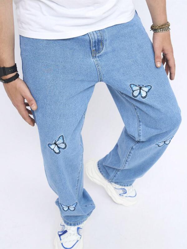 Manfinity Chillmode Men Cotton Butterfly Embroidery Straight Leg Jeans