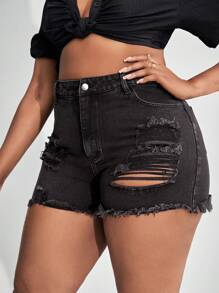 SHEIN SXY Plus Ripped Raw Hem Denim Shorts - Dark Grey - View 4
