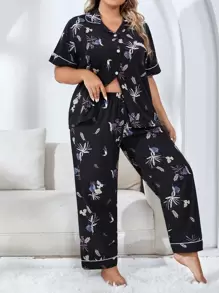 CottageSlumber Plus Allover Print Contrast Piping PJ Set / Pajama Set - Black - View 4