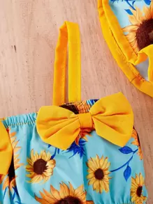 嬰兒印花前蝴蝶結吊帶背心和短褲 - 藍色 - 查看 4