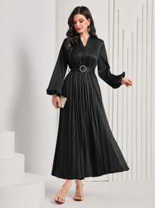 Modelyn 素色燈籠袖百褶下擺繫腰帶洋裝 - 黑色 - 查看 1