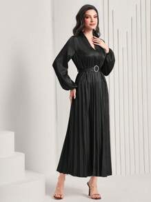 Modelyn 素色燈籠袖百褶下擺繫腰帶洋裝 - 黑色 - 查看 3