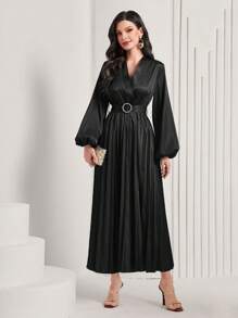 Modelyn 素色燈籠袖百褶下擺繫腰帶洋裝 - 黑色 - 查看 4