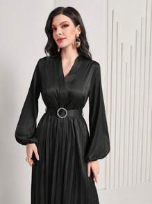 Modelyn 素色燈籠袖百褶下擺繫腰帶洋裝 - 黑色 - 查看 5