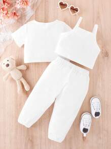嬰兒蝴蝶圖案吊帶上衣和短款T恤和運動褲 - 白色 - 查看 2