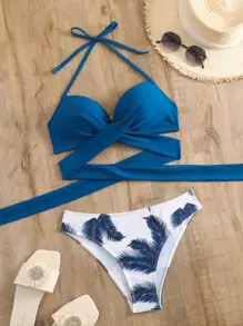 Tropical Print Push Up Bikini - Blue and White - View 1