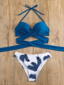 Tropical Print Push Up Bikini - Blue and White - View 3