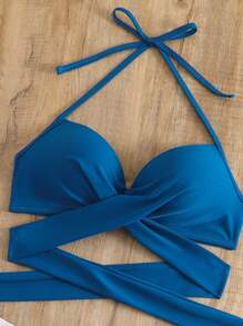 Tropical Print Push Up Bikini - Blue and White - View 5