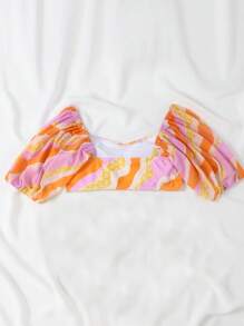 Top bikini con estampado de manga farol - Multicolor - Ver 4
